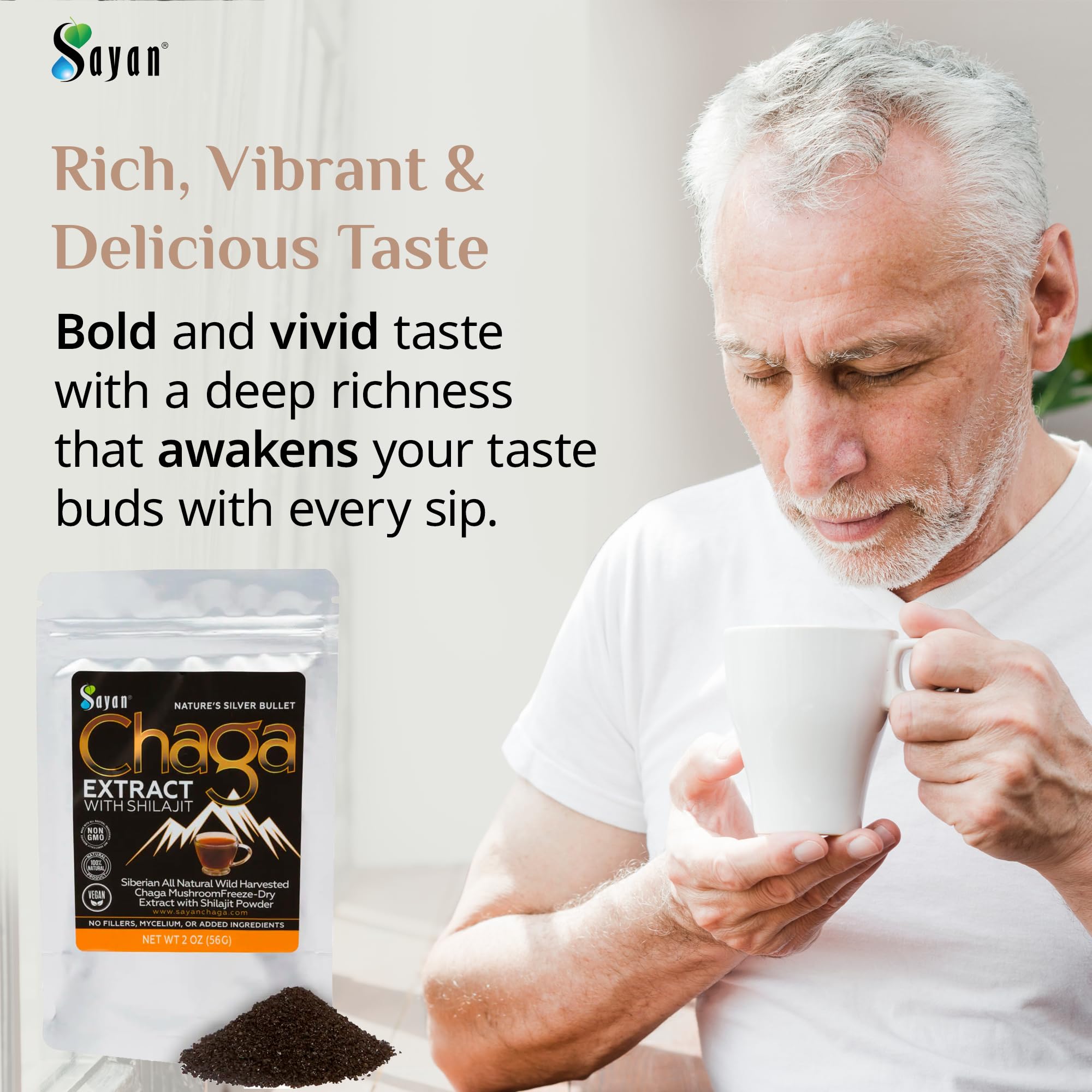 Sayan Siberian Chaga teacup with steam, suggesting daily energy and digestion support.