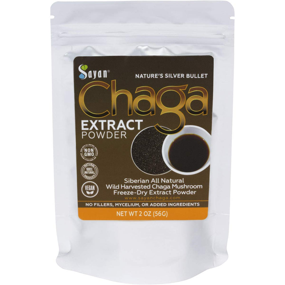 Sayan Siberian Chaga packaging shows wild-harvested powder for daily wellness.