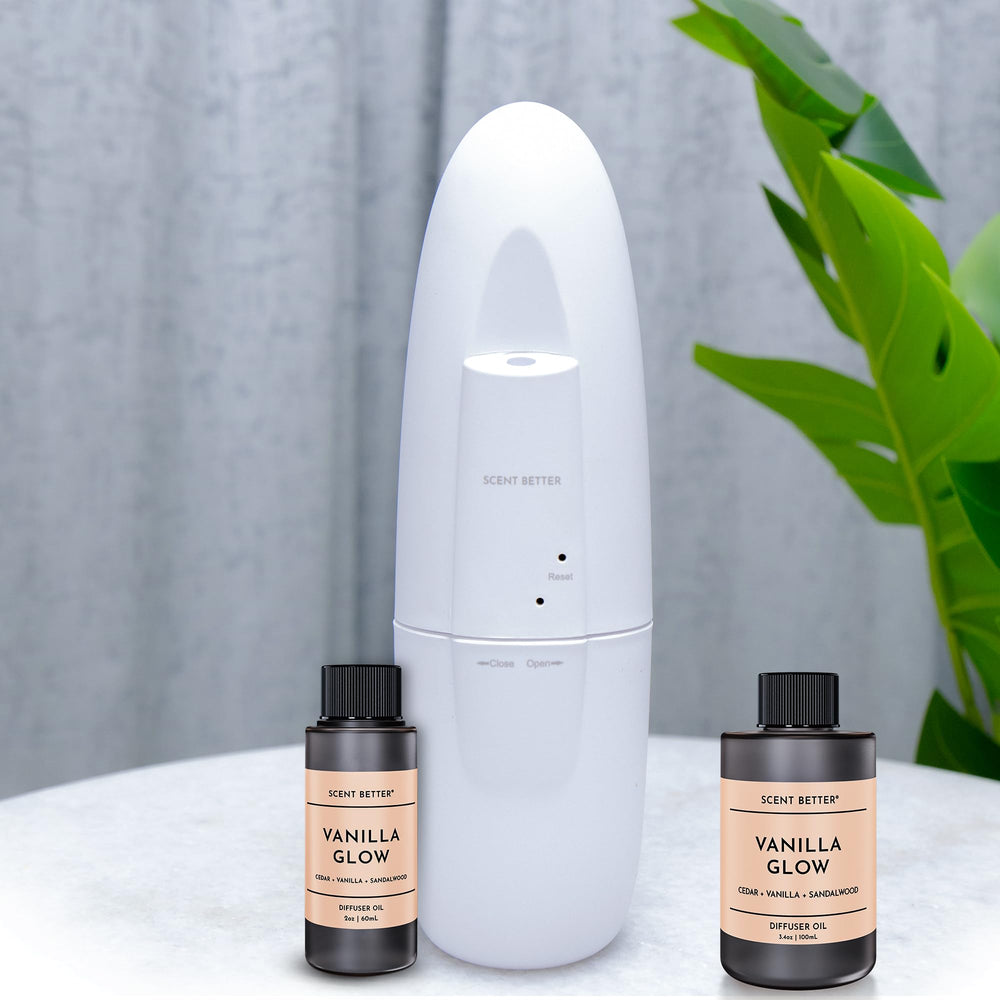 Vanilla Glow packaging and bottle design for easy storage and swapping scents