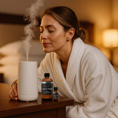 Bedroom scene with Sbehrtno diffuser creating calm ambiance