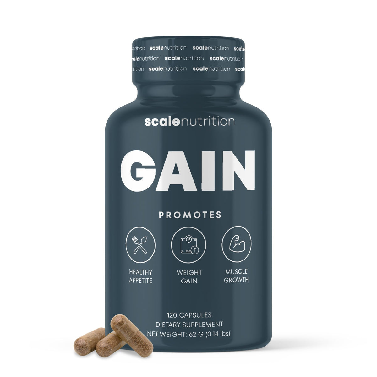 Scale Nutrition Gain bottle cap provides secure closure for travel-friendly appetite support