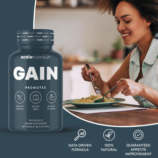Scale Nutrition Gain capsules close-up showing easy-to-swallow form for daily use