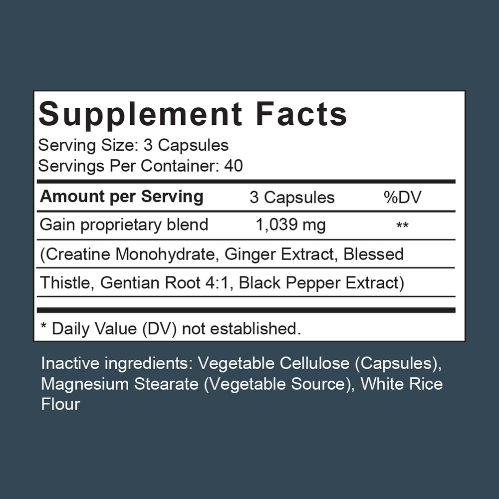 Scale Nutrition Gain serving scene with capsules ready to take