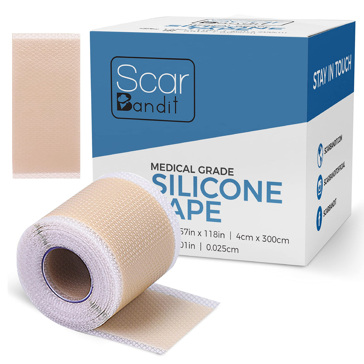 Scarbandit silicone scar tape packaging demonstrating home use