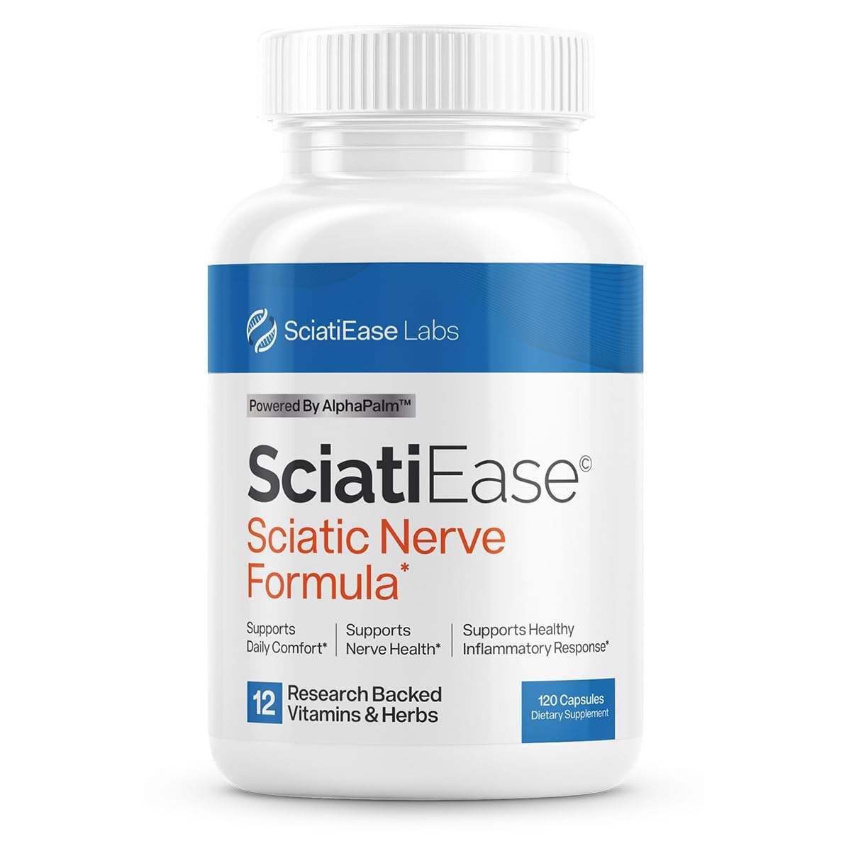SciatiEase bottle front promoting sciatic nerve support for daily comfort