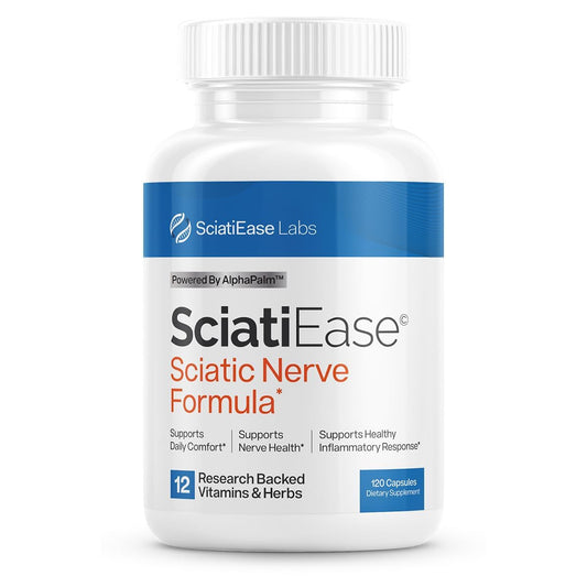 SciatiEase bottle front promoting sciatic nerve support for daily comfort