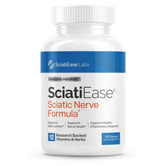 SciatiEase bottle front promoting sciatic nerve support for daily comfort