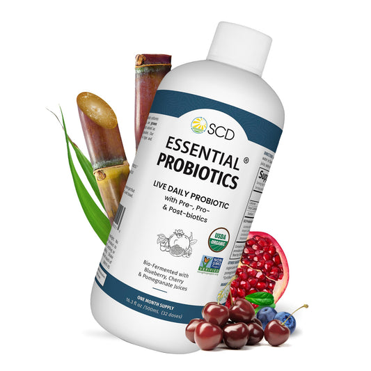SCD Probiotics essential bottle front view for daily gut wellness
