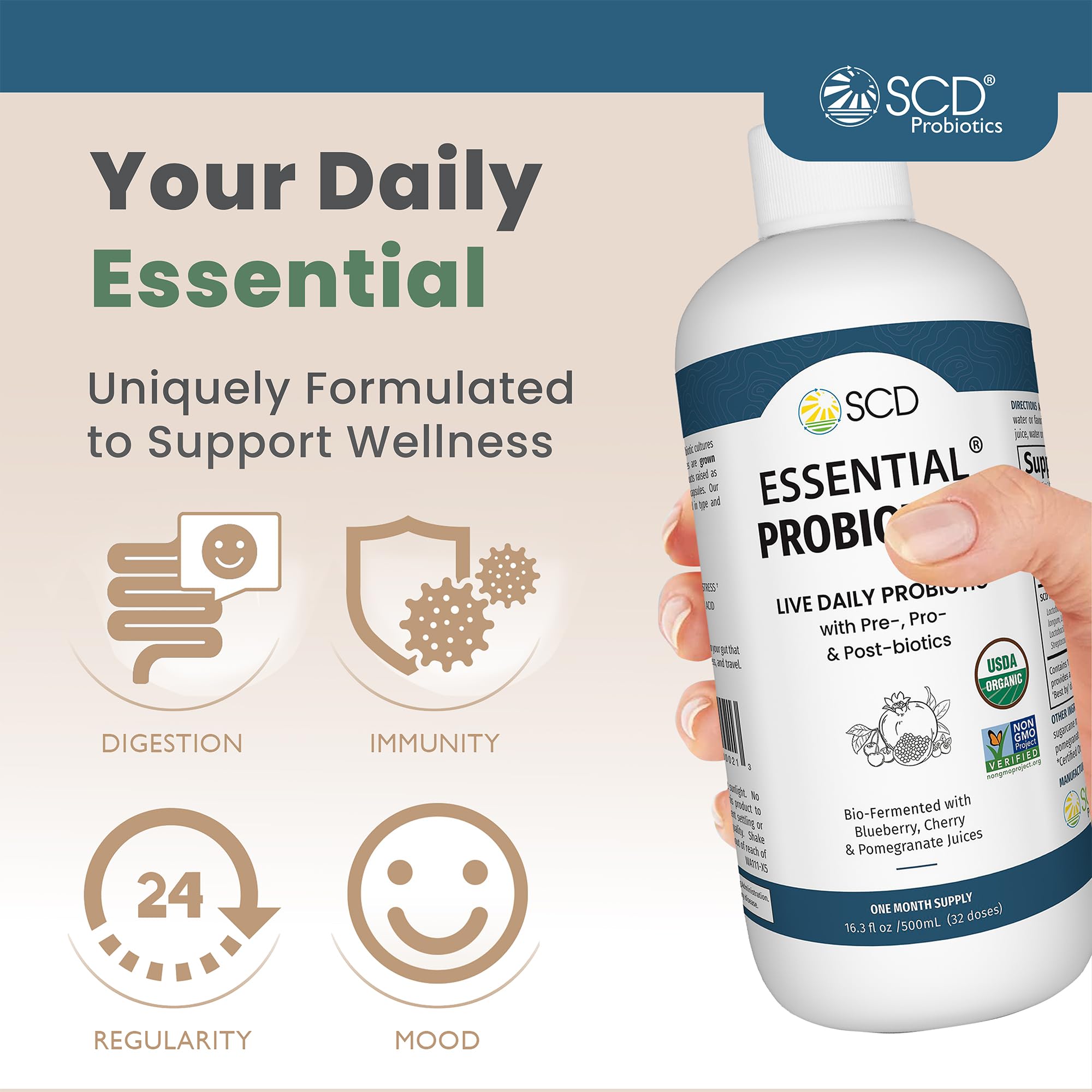 SCD Probiotics liquid bottle pour for easy daily dosing