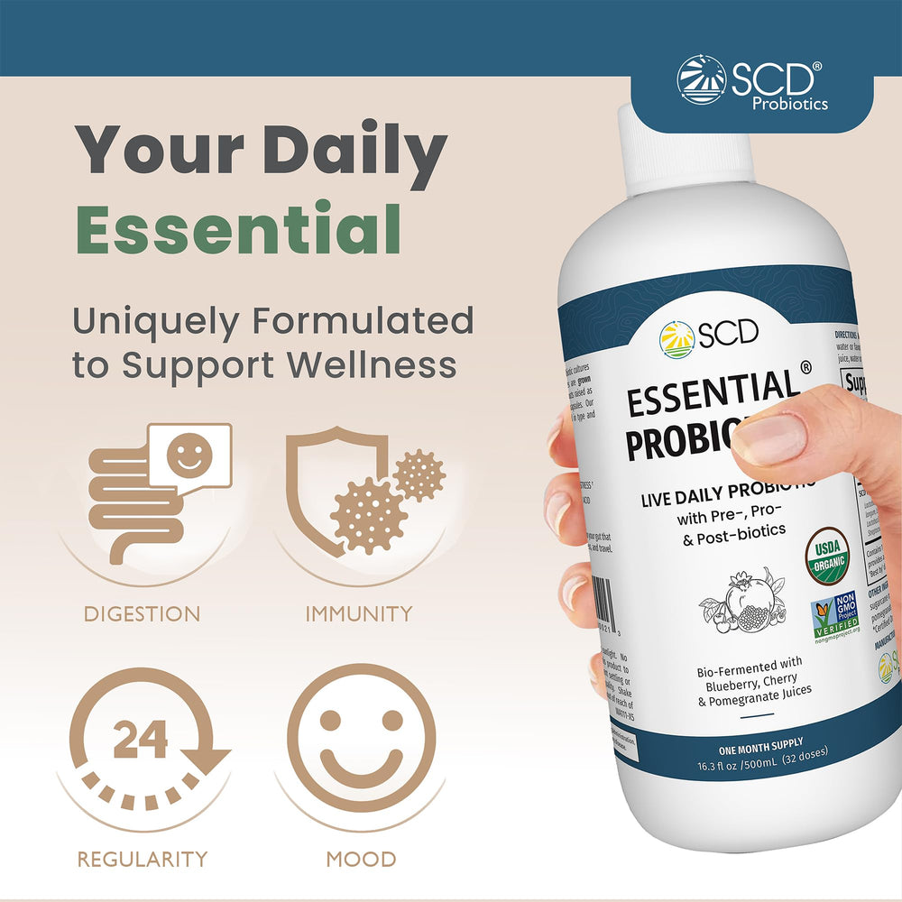 SCD Probiotics liquid bottle pour for easy daily dosing