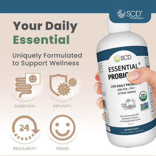 SCD Probiotics liquid bottle pour for easy daily dosing