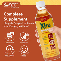 SCD Probiotics Xtra Immunity label closeup highlighting fermentation and purity.