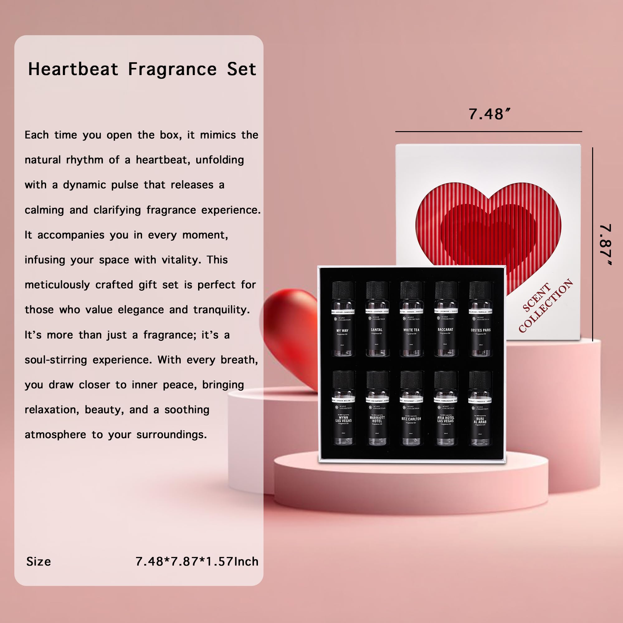 Scent Collection hotel-inspired fragrance display highlights cardamom, Tuscan leather, and sandalwood.
