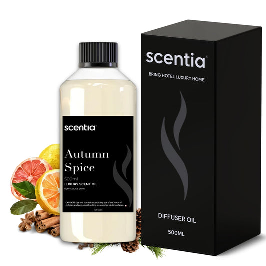 Scentia Autumn Spice essential oil bottle front view adds cozy fall ambiance with pumpkin spice notes.