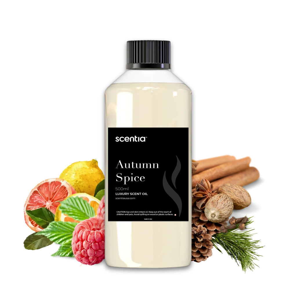 Scentia Autumn Spice bottle pour captures rich aroma, ideal for diffuser priming.