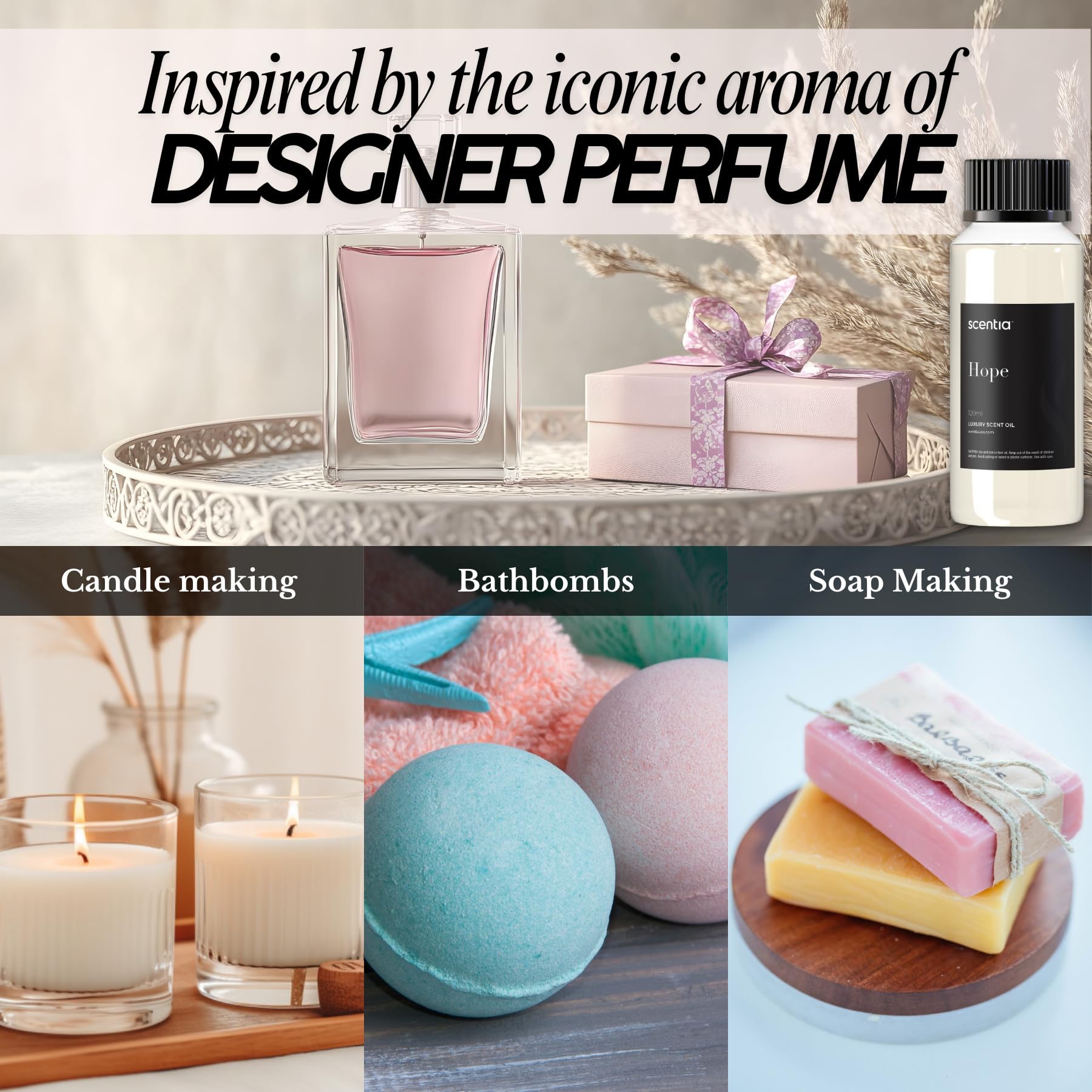 Scentia Hope packaging showcases premium diffuser oil for easy refills.