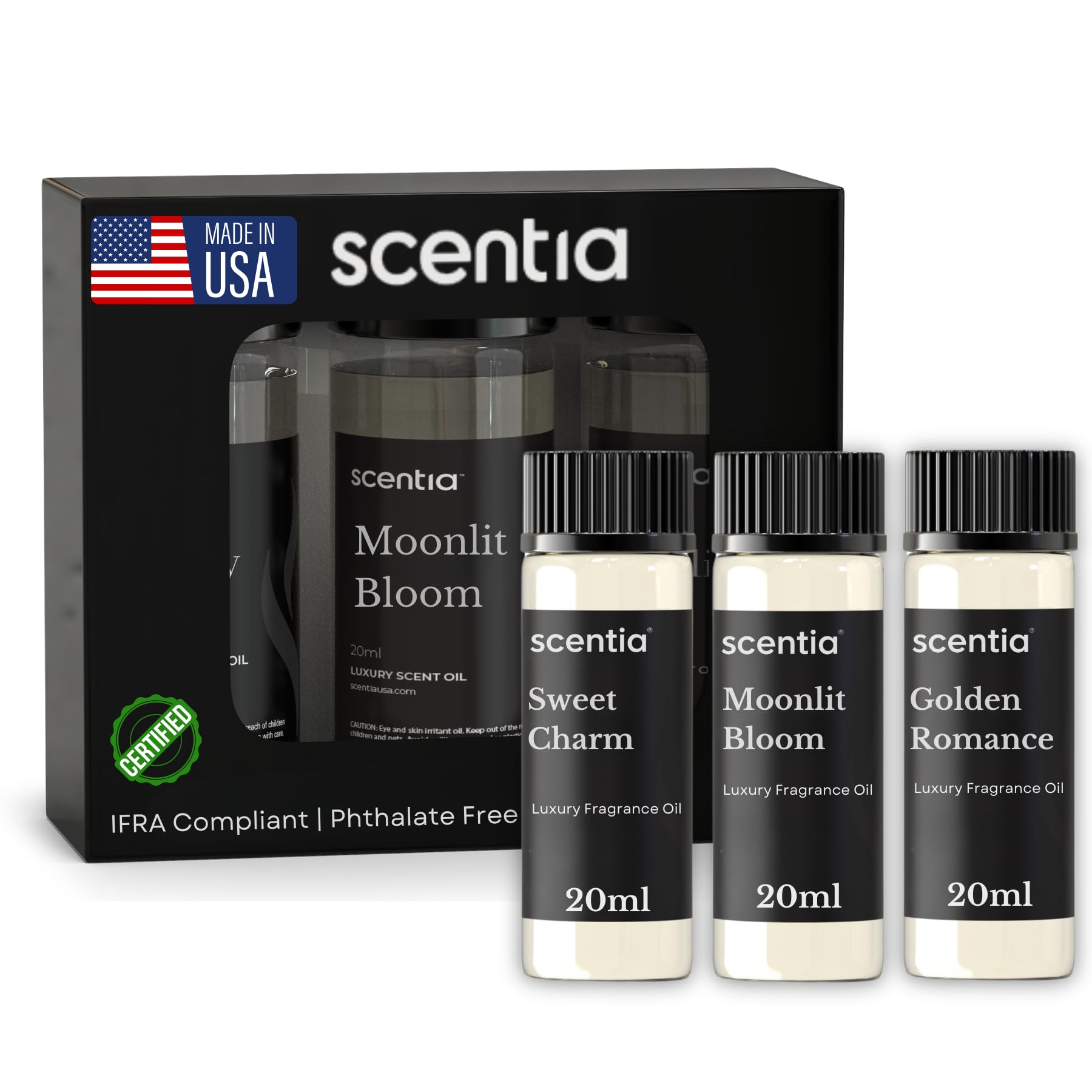 Scentia Love Collection box showing three romantic fragrance oils for diffusers