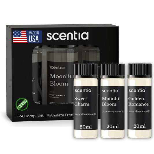 Scentia Love Collection box showing three romantic fragrance oils for diffusers
