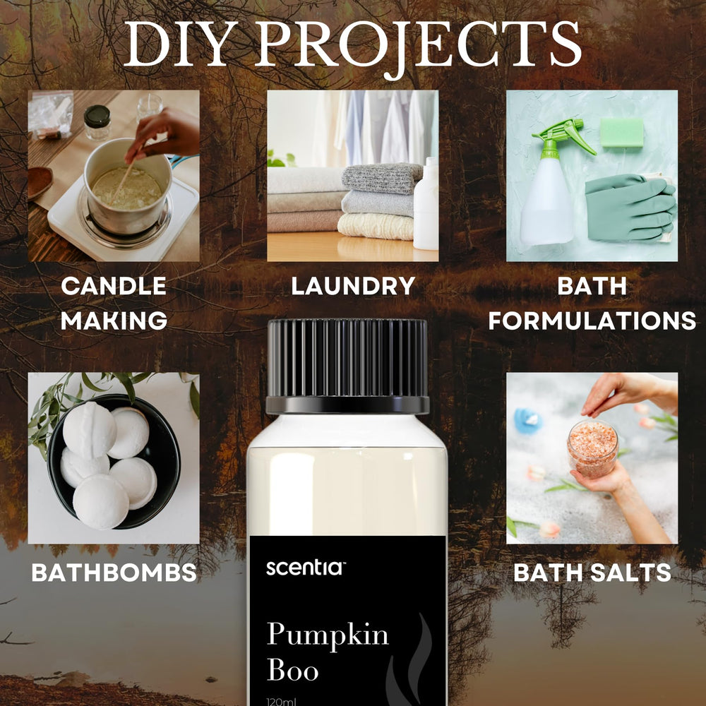 Scentia Pumpkin Boo ingredients panel highlights IFRA-compliant oils for safe diffusion