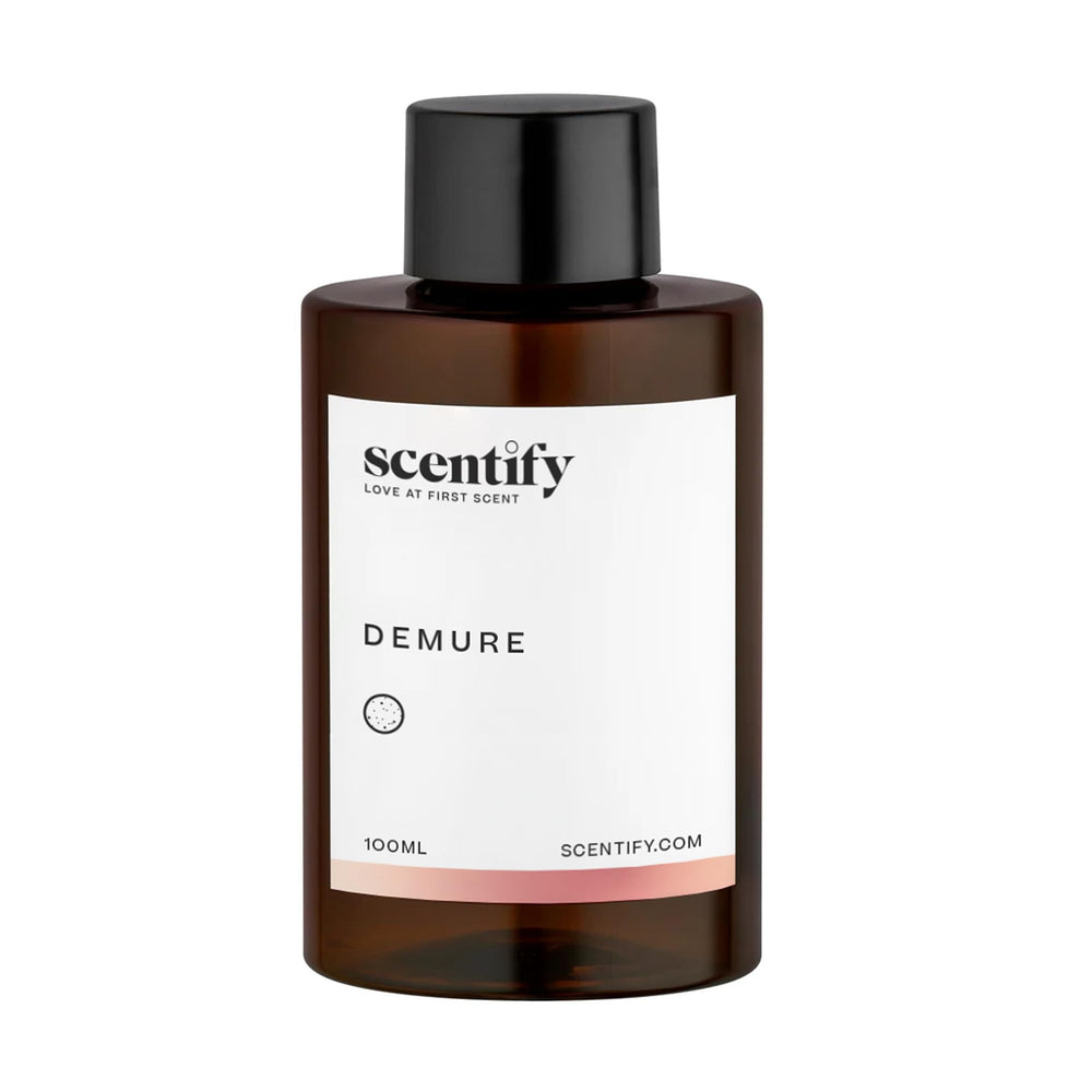 Scentify Demure refill showing musk and sandalwood base for calming spaces.