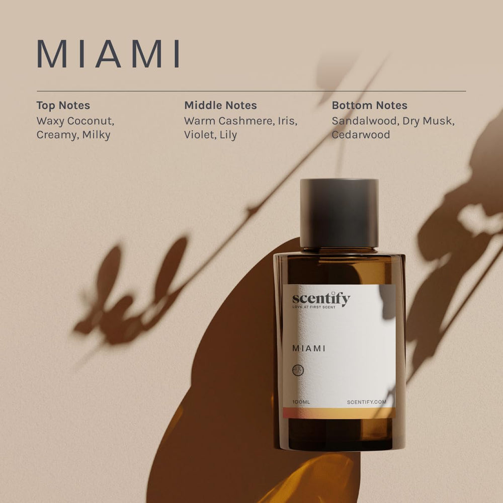 Scentify Miami middle notes featuring cashmere iris and lily for a warm, luxurious atmosphere.