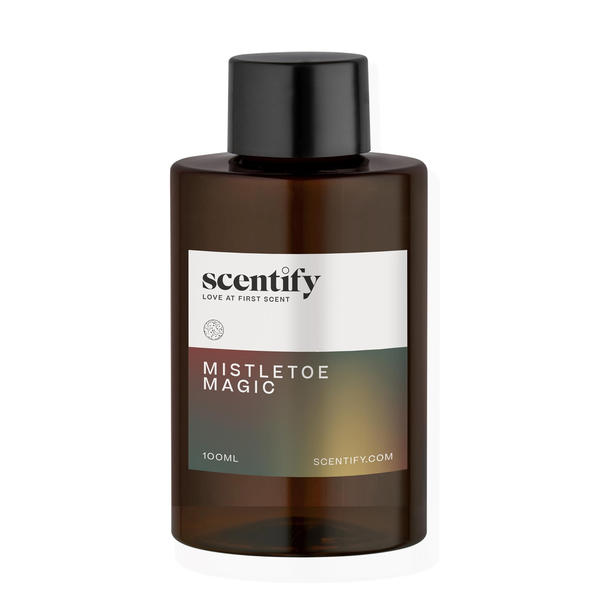 Scentify Mistletoe Magic diffuser oil bottle highlights aged redwood for a woodsy feel.