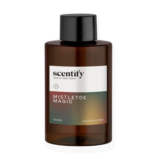 Scentify Mistletoe Magic diffuser oil bottle highlights aged redwood for a woodsy feel.