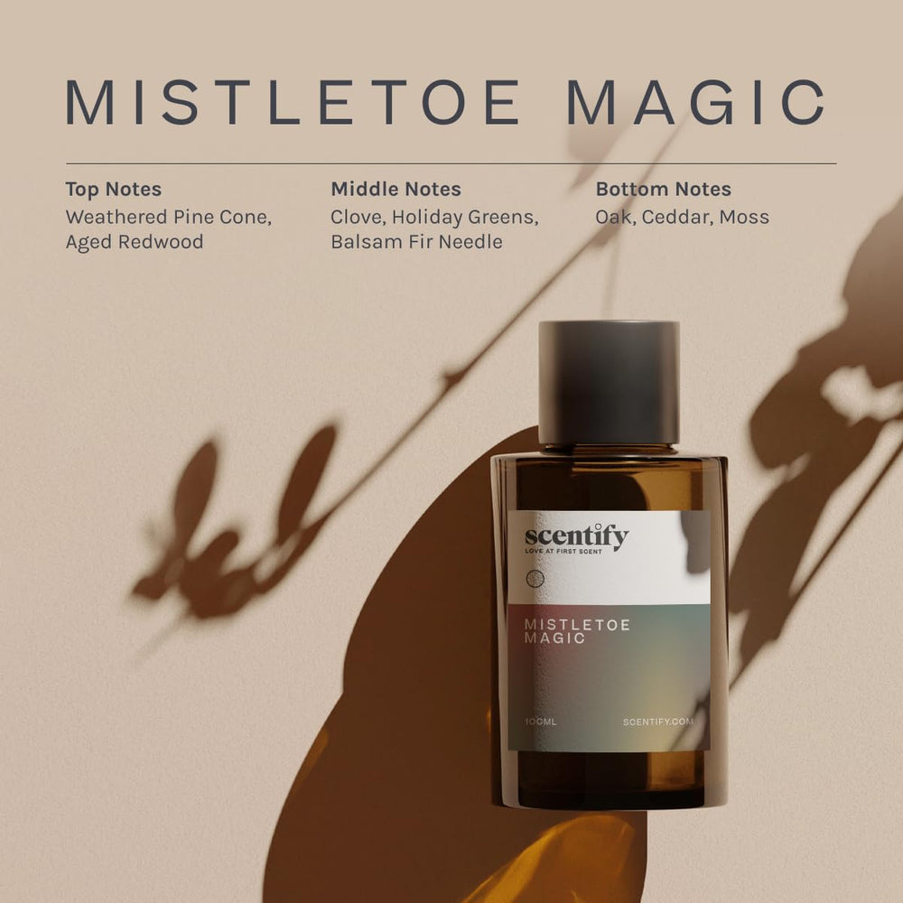 Scentify Mistletoe Magic diffuser oil with clove and greens for festive ambience.