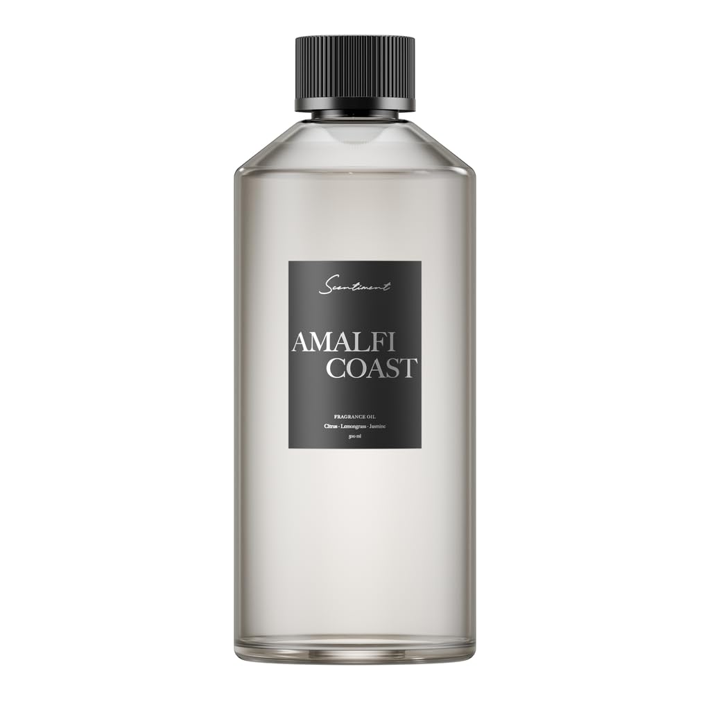 Scentiment Amalfi Coast diffuser bottle highlights a long-lasting aroma for a cozy living room.