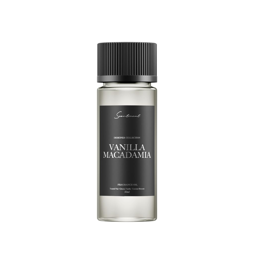 Scentiment Vanilla Macadamia diffuser oil bottle boosts cozy room ambience.