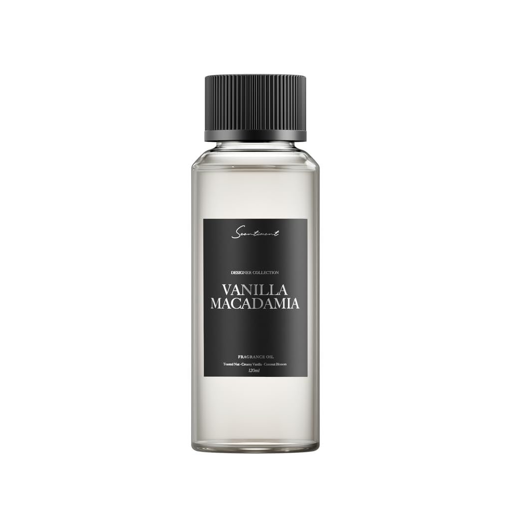 Scentiment Vanilla Macadamia diffuser oil bottle being poured for a cozy room