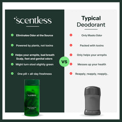 Scentless close-up of green capsules on a tray suggesting natural deodorant from within