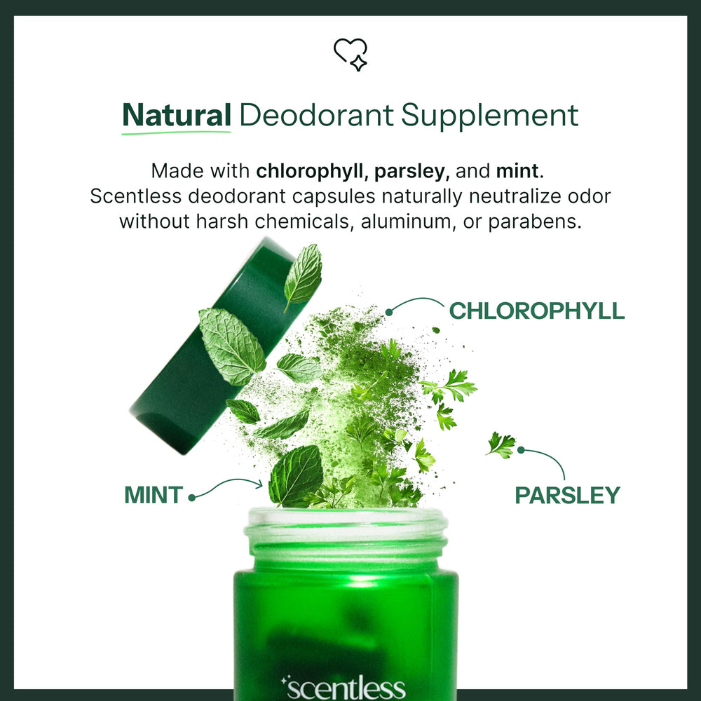 Scentless ingredients card shows chlorophyll and parsley for odor neutralization