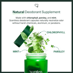 Scentless ingredients card shows chlorophyll and parsley for odor neutralization