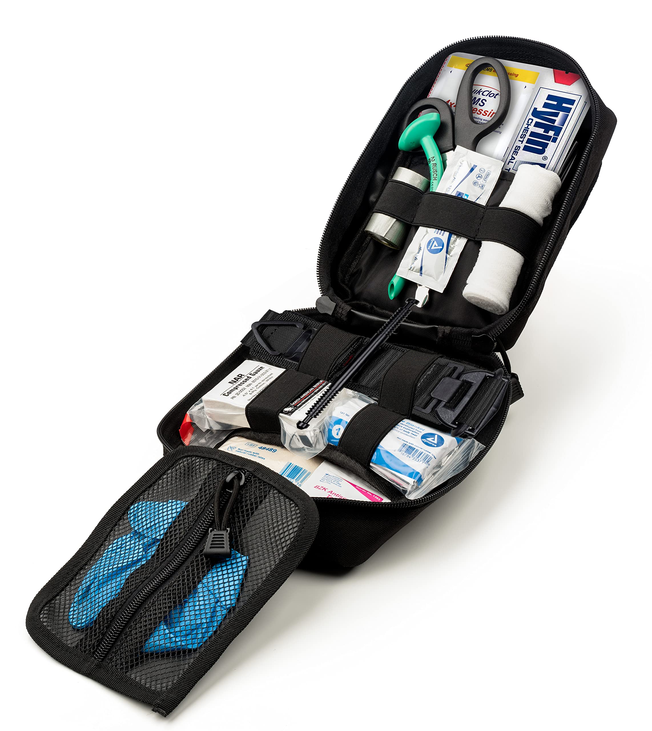 Scherber Premium IFAK Kit Trauma Pack open, showing organized MOLLE compartments