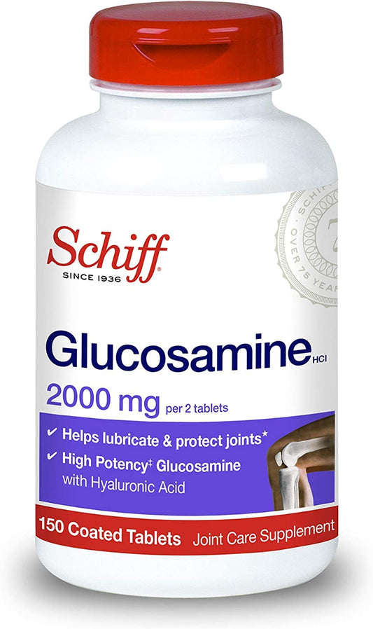 Schiff glucosamine tablets close-up illustrating two-tablet daily serving.