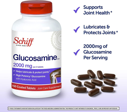 Close-up of Schiff Glucosamine tablets highlights high potency per daily dose.