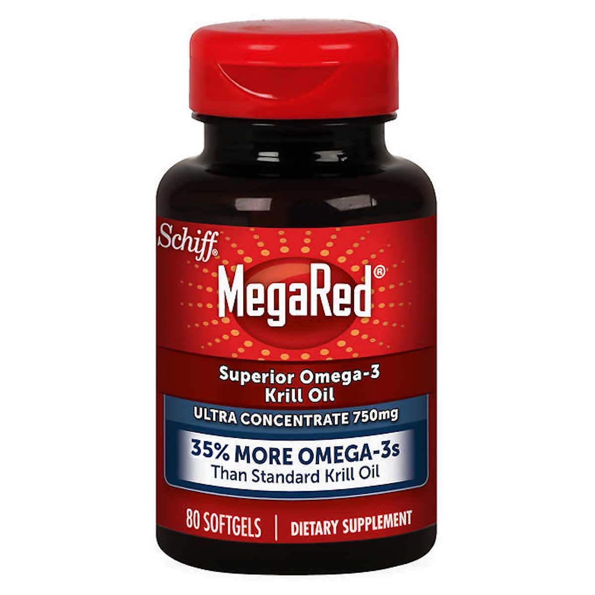 Schiff MegaRed krill oil bottle front view highlighting high concentration formula.