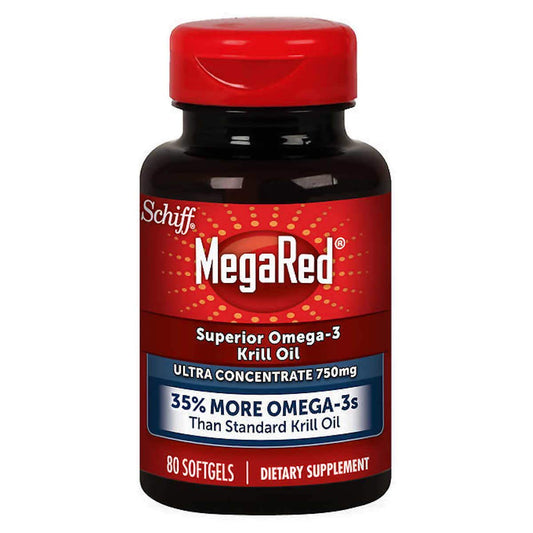 Schiff MegaRed krill oil bottle front view highlighting high concentration formula.