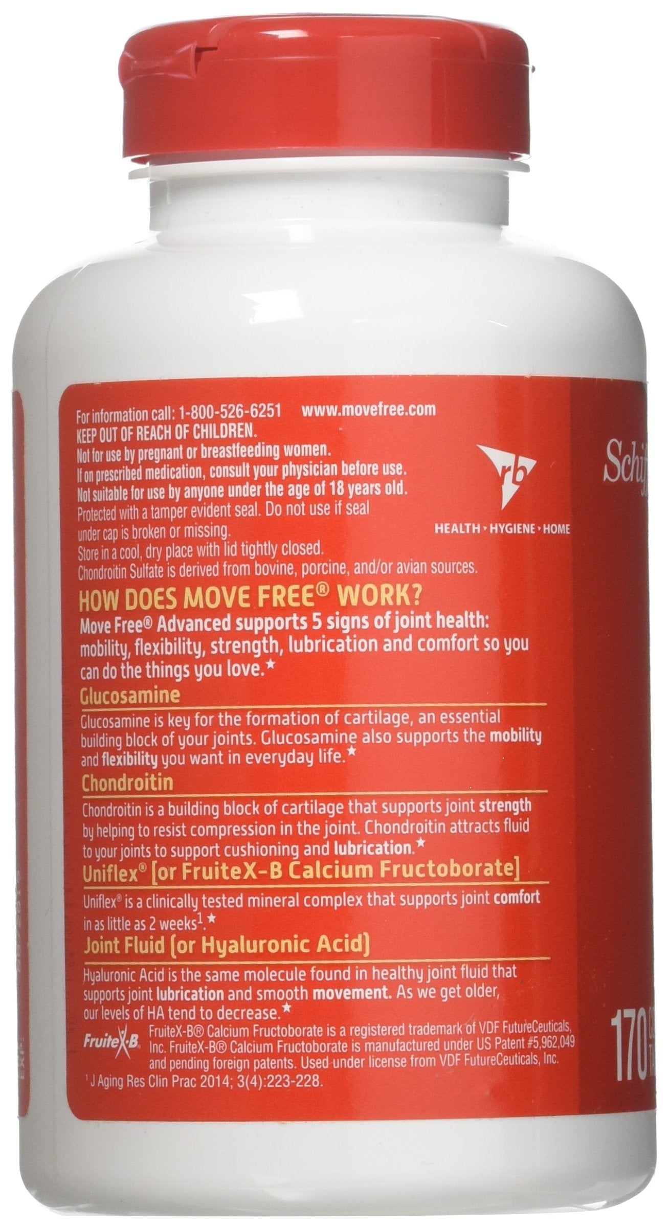 Schiff Move Free tablets close-up highlighting glucosamine and chondroitin ingredients.