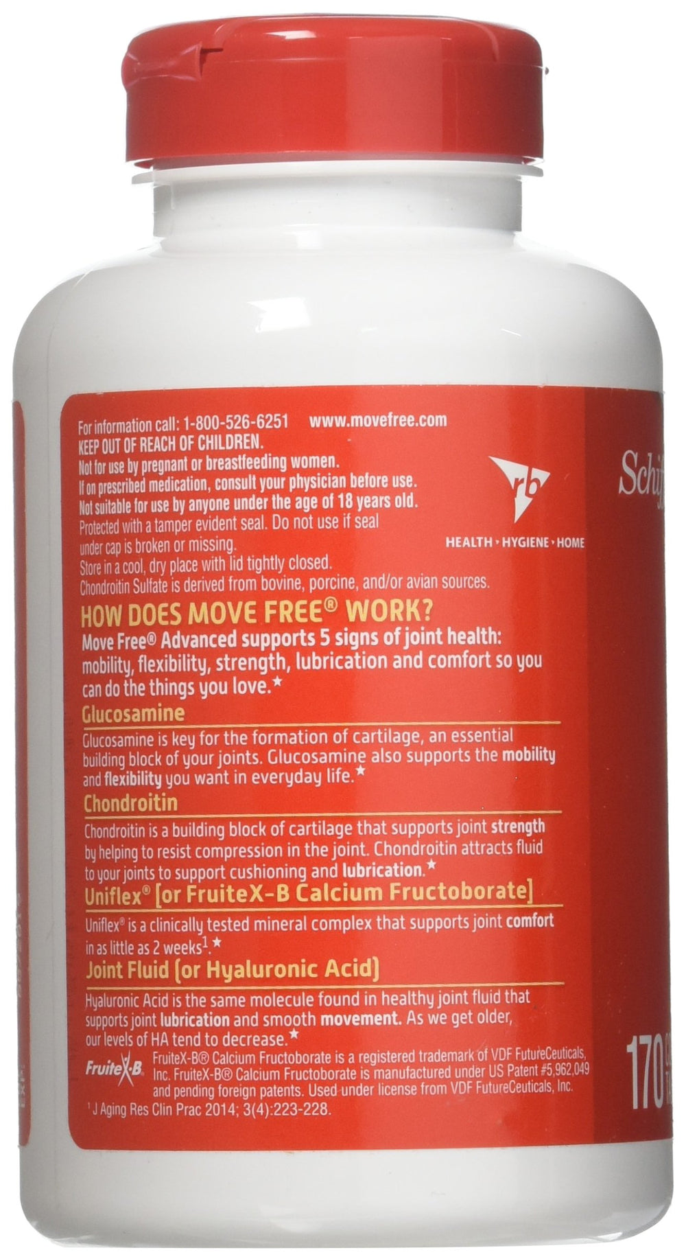 Schiff Move Free tablets close-up highlighting glucosamine and chondroitin ingredients.