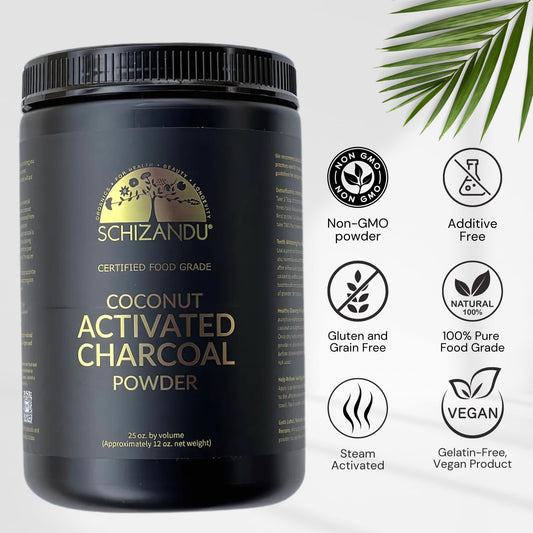 Schizandu charcoal powder label showing organic, GMO-free ingredients.