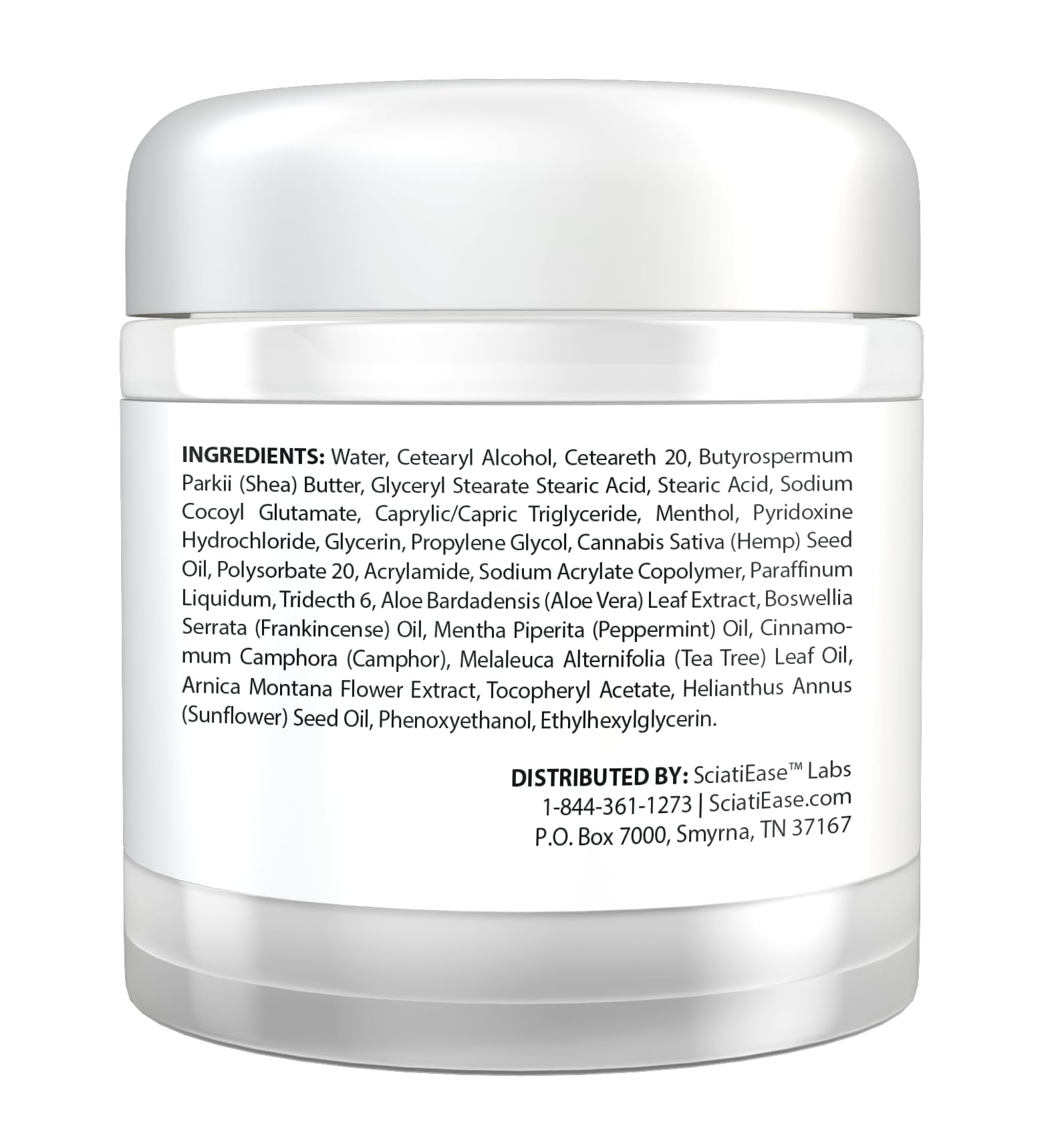 SciatiFlex cream label close-up highlighting hemp, arnica, and shea