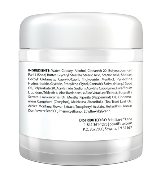 SciatiFlex cream label close-up highlighting hemp, arnica, and shea