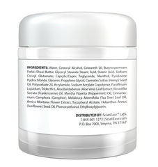 SciatiFlex cream label close-up highlighting hemp, arnica, and shea