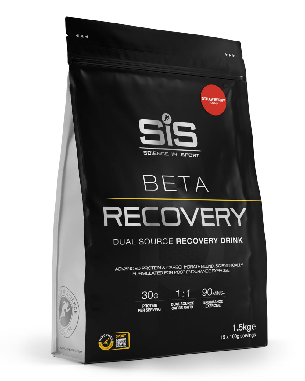 Science in Sport BETA Recovery bottle shows dual-carb blend for post-exercise refuel.