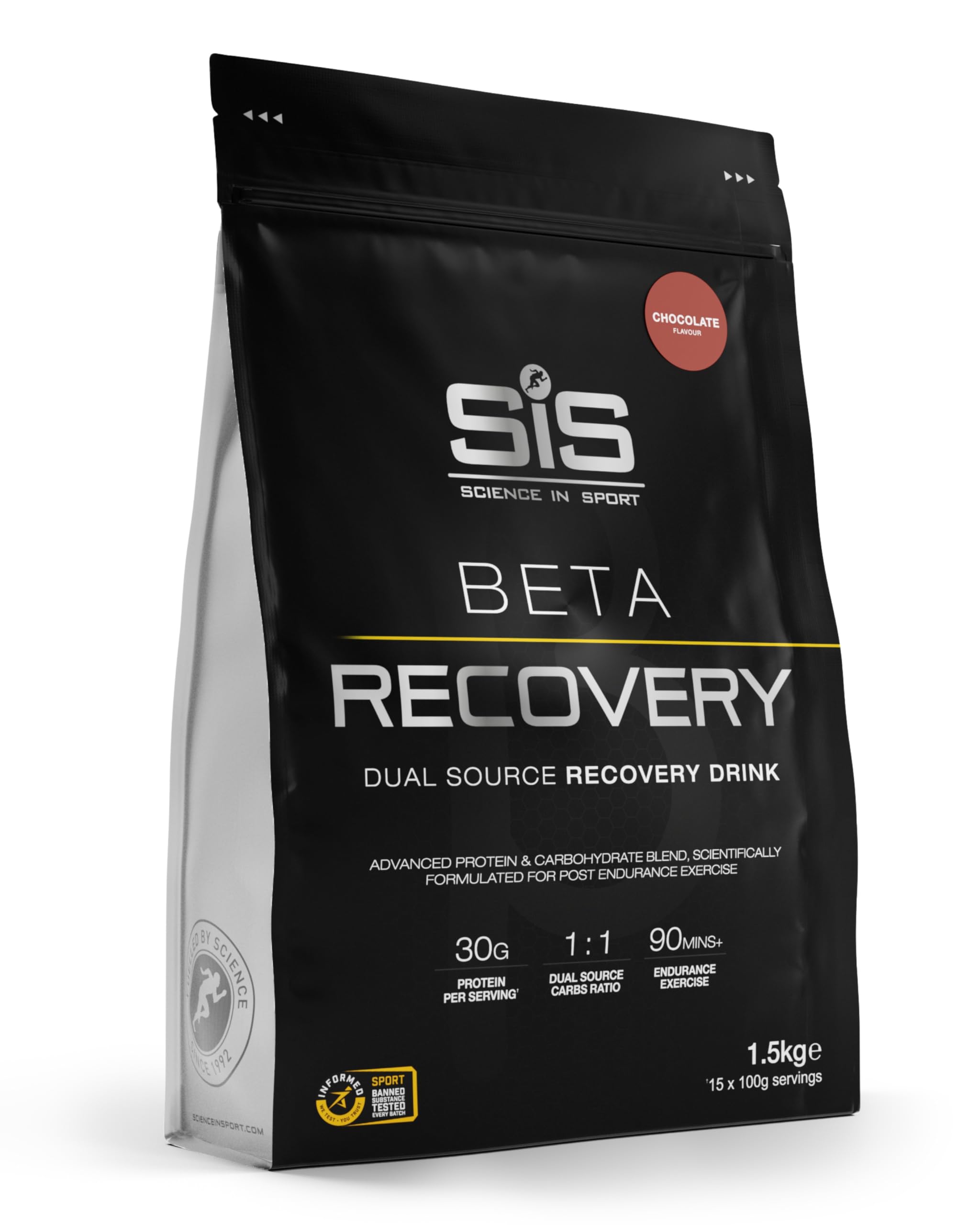 Science in Sport BETA Recovery packaging in chocolate flavor, 52 oz, convenient endurance fueling.