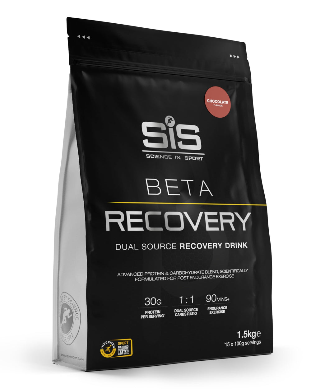 Science in Sport BETA Recovery packaging in chocolate flavor, 52 oz, convenient endurance fueling.