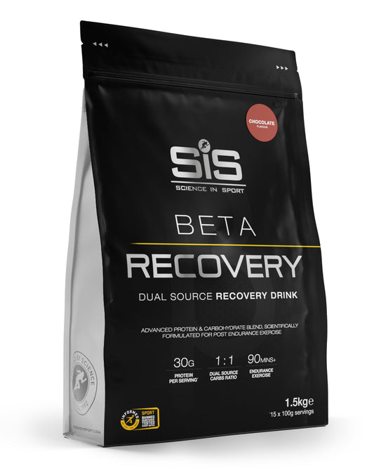 Science in Sport BETA Recovery packaging in chocolate flavor, 52 oz, convenient endurance fueling.