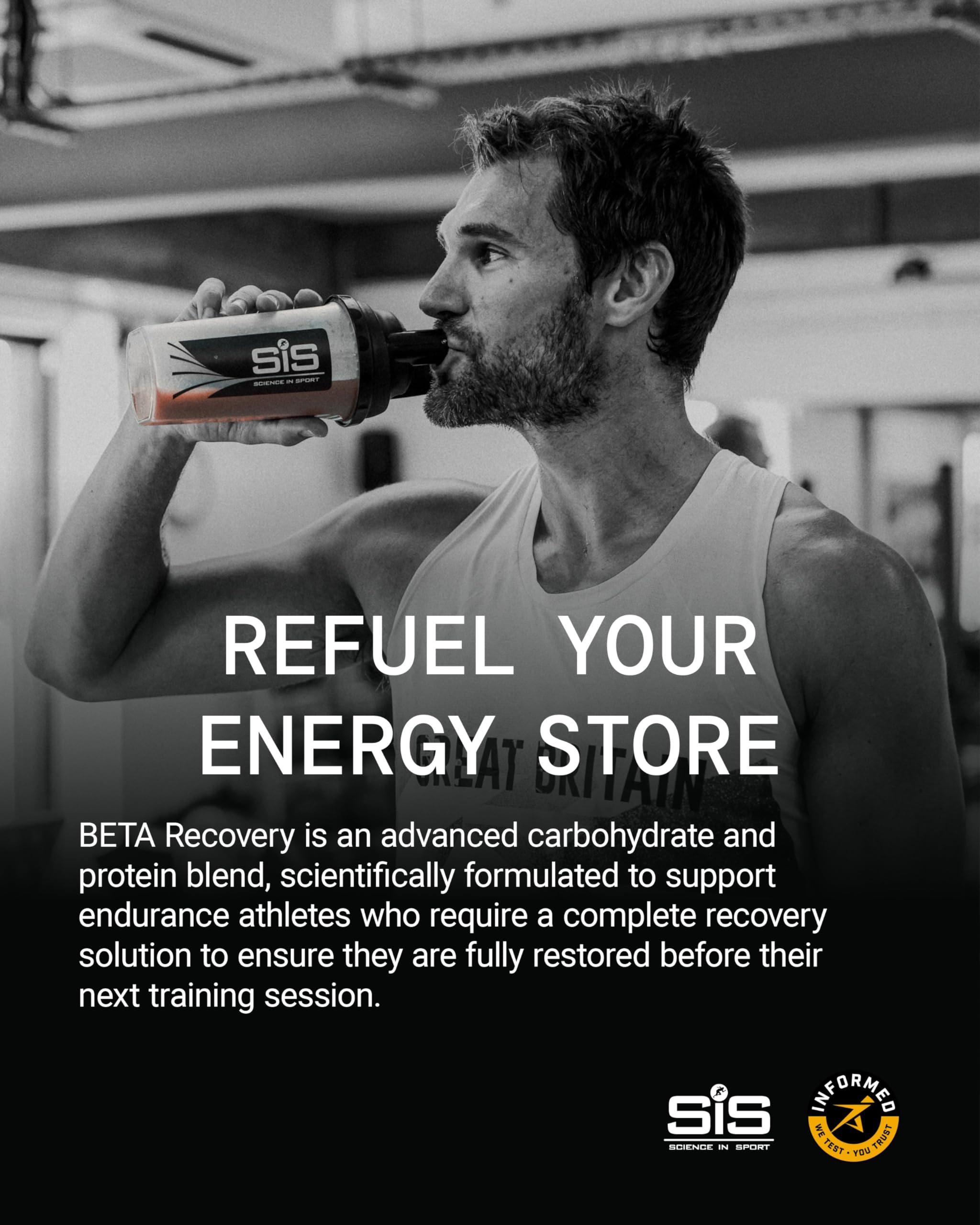 Shaker with Science in Sport BETA Recovery designed for easy mixing after workouts.